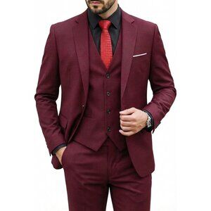 Men's Burgundy 3 Piece Set With Tie Slim Fit Prom Party Wedding Business Suits